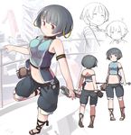  armband bad_id bad_pixiv_id bangs bare_shoulders belt black_hair black_shorts blunt_bangs bob_cut breasts choker closed_eyes closed_mouth commentary_request eyebrows eyebrows_visible_through_hair fuu_fuu gargantia_contest hand_on_railing highres holding hoop leg_up looking_at_viewer medium_breasts midriff multiple_views navel pouch railing red_eyes sandals shoes short_hair shorts sleeveless smile squiggle standing standing_on_one_leg stomach suisei_no_gargantia wrench 