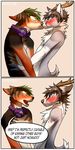  angiewolf anthro antlers blush canine cervine deer duo english_text eyes_closed fangs headphones horn kissing male male/male mammal nude open_mouth simple_background standing teeth text 