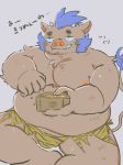 2019 anthro belly boar brown_fur bulge clothing food fur gouryou hamuga86 horn japanese_text male mammal mohawk moobs nipples overweight overweight_male porcine sitting solo text tokyo_afterschool_summoners underwear video_games 
