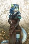  2016 anthro belt blue_fur blue_hair breasts canine clothed clothing cosplay effie_(thearchitect17) english_text female fur gloves grass green_eyes green_nose hair legwear mammal outside solo text the_witcher tree tril-mizzrim white_fur yennefer 