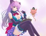  animal animal_ears bell book bow breasts cat cleavage elbow_gloves female gloves gray_eyes kanzeon long_hair original purple_hair skirt solo stars tail teddy_bear thighhighs 