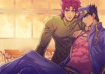  abs arm_on_shoulder black_hair blue_eyes chain classroom desk earrings gakuran gunbam hat indoors jewelry jojo_no_kimyou_na_bouken kakyouin_noriaki kuujou_joutarou male_focus multiple_boys muscle red_eyes red_hair school_desk school_uniform smile stardust_crusaders sunset window 