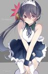  akebono_(kantai_collection) alternate_costume bare_shoulders bell blush character_name crossed_arms dress enmaided flower frills hair_bell hair_between_eyes hair_flower hair_ornament highres jingle_bell kantai_collection knees_together_feet_apart long_hair looking_at_viewer maid maid_headdress purple_eyes purple_hair side_ponytail signature sleeveless solo tebi_(tbd11) very_long_hair white_legwear wrist_cuffs 