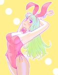  animal_ears arched_back arms_up bow bowtie bunny_ears bunny_tail bunnysuit detached_collar fukusuke_hachi-gou gradient_hair green_hair highres long_hair md5_mismatch multicolored_hair original pantyhose purple_eyes solo standing tail wrist_cuffs 