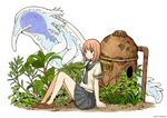  2016 :/ arm_support blue_eyes brown_hair creature dated duke_(kimurasun) frown loafers neckerchief number on_ground original plant pleated_skirt school_uniform serafuku shoes short_sleeves sitting skirt solo twitter_username white_background 