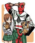  1girl bandages blank_eyes boko_(girls_und_panzer) brown_eyes brown_hair crossover deadpool debacoq empty_eyes girls_und_panzer large_intestine marvel mask nishizumi_miho ooarai_school_uniform school_uniform serafuku short_hair standing stuffed_animal stuffed_toy teddy_bear torn_clothes 