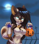  2016 anthro bandage basket black_hair candy canine claws cyan_eyes female food hair halloween holidays looking_at_viewer mammal sif solo 