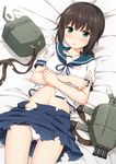  :o ass_visible_through_thighs bad_id bad_pixiv_id bangs bed_sheet belt black_hair blouse blue_ribbon blue_skirt blush bra breasts broken buckle covering cowboy_shot damaged embarrassed eyebrows eyebrows_visible_through_hair fubuki_(kantai_collection) green_eyes hair_tie hat highres kantai_collection looking_at_viewer low_ponytail lying medium_breasts midriff miniskirt nakamura_sumikage navel neck_ribbon on_back on_bed panties pleated_skirt ponytail ribbon school_uniform self_hug serafuku short_ponytail short_sleeves sidelocks skirt skirt_lift small_breasts solo stomach tears torn_blouse torn_clothes torn_skirt turret underwear white_blouse white_bra white_panties 