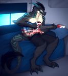  angiewolf anthro bed dinosaur eyes_closed guitar horn inside male musical_instrument pillow sitting smile solo teeth 