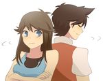  1girl bare_shoulders black_hair blue_(pokemon) blue_eyes blush brown_hair cel_shading eyes_closed nervous pokemon pokemon_special red_(pokemon) 