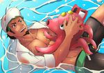  abs artist_name bad_id bad_pixiv_id baseball_cap beard brown_eyes brown_hair dark_nipples dark_skin dark_skinned_male eyewear_removed facial_hair gen_2_pokemon hat juppomon kukui_(pokemon) low_ponytail male_focus nipples octillery open_mouth pokedex pokemon pokemon_(creature) pokemon_(game) pokemon_sm shirtless solo sunglasses teeth water 