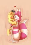  &lt;3 ambiguous_gender carrying female female/ambiguous feral feral_on_feral fur furret holding_character kissing moonlight-kat nintendo pikachu pink_fur pok&eacute;mon video_games yellow_fur 