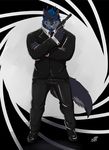  007 2016 abs anthro canine clothed clothing demon fur gun hair handgun hi_res horn looking_at_viewer male mammal muscular ranged_weapon shade_the_wolf simple_background smile solo spy standing weapon wolf 