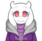  anthro boss_monster caprine clothed clothing female friisans fur goat hoodie horn mammal pink_eyes simple_background solo switchtale text toriel undertale video_games white_background white_fur 