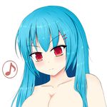  :3 bad_id bad_pixiv_id bangs blue_hair blush breasts cleavage collarbone damao_yu eighth_note hair_ornament hairclip highres hinanawi_tenshi long_hair looking_at_viewer medium_breasts musical_note nude red_eyes smile smug solo spoken_musical_note touhou tsurime upper_body v-shaped_eyebrows 