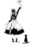  1girl absurdres animal apron arm_up blush cat dress duster frilled_apron frills from_below full_body greyscale highres holding holding_duster juliet_sleeves long_hair long_sleeves looking_away low_twintails maid maid_apron maid_headdress monochrome original outstretched_arm pantyhose puffy_sleeves reaching shadow shii_(kairi-t-k0317) shoes soles solo standing tiptoes twintails white_background 