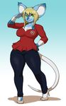  anthro big_eyes blonde_hair blue_background breasts clothed clothing female gradient_background hair hi_res high_heels kittydee looking_at_viewer mammal mouse rodent simple_background smile solo standing thick_thighs 