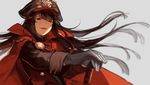  black_hair buun_ko cape family_crest fate_(series) gloves hat katana koha-ace long_hair oda_nobunaga_(fate) oda_uri red_eyes solo sword weapon 