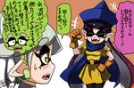  2girls alena alena_(dq4) alena_(dq4)_(cosplay) aori_(splatoon) belt black_hair blue_cape blue_hat blush brown_background brown_gloves cape clenched_hands closed_eyes commentary_request cosplay domino_mask dragon_quest earrings fangs gloves hand_on_hip hat heart hotaru_(splatoon) jewelry mask mole mole_under_eye multiple_girls open_mouth pantyhose partially_translated pointy_ears raised_fist shirt short_sleeves silver_hair simple_background smile splatoon_(series) splatoon_1 sweatdrop tentacle_hair translation_request tunic usa_(dai9c_carnival) white_background yellow_eyes yellow_shirt 