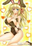  animal_ears bare_shoulders blonde_hair blue_eyes blush boku_wa_tomodachi_ga_sukunai breast_hold breast_suppress breasts bunny_ears bunny_girl bunnysuit cleavage collarbone commentary_request covered_nipples fake_animal_ears hair_ribbon hasegawa_kobato heart heart_background heterochromia large_breasts leotard long_hair looking_at_viewer marker_(medium) older red_eyes red_ribbon ribbon sitting smile solo takecha traditional_media two_side_up wariza wrist_cuffs 