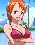  angry animated animated_gif back bangs bikini black_eyes bounce bouncing_breasts breasts cleavage cloud crossed_arms earrings from_behind inoue_eisaku jewelry large_breasts lowres nami_(one_piece) one_piece orange_hair outdoors palm_tree parted_bangs short_hair sideboob sky solo swimsuit tattoo tree upper_body 