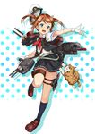  alternate_costume black_legwear blue_eyes brown_hair cannon cat commentary_request cosplay full_body gamyuu_(gamyu) gloves hair_ribbon hat high_school_fleet isoroku_(haifuri) kantai_collection kneehighs leg_up loafers looking_at_viewer misaki_akeno neckerchief open_mouth outstretched_arm peaked_cap polka_dot polka_dot_background ribbon rigging school_uniform shoes short_sleeves skirt solo thigh_strap torpedo twintails white_gloves 