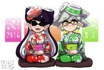  2girls ^_^ aori_(splatoon) black_hair closed_eyes commentary_request cushion domino_mask earrings eyebrows eyebrows_visible_through_hair fangs floral_print hat hotaru_(splatoon) japanese_clothes jewelry kimono mask mole mole_under_eye multiple_girls obi open_mouth pointy_ears sash seiza signature silver_hair sitting smile splatoon_(series) splatoon_1 tentacle_hair usa_(dai9c_carnival) white_background yellow_eyes 