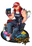  1boy arcade_cabinet baseball_cap blonde_hair blue_eyes bomber_jacket denim falcoon fatal_fury fingerless_gloves gloves hat highres jacket jeans long_hair looking_at_viewer muscle one_eye_closed pants pins ponytail smile snk solo tank_top terry_bogard the_king_of_fighters vest 