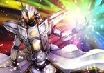  armor belt helmet highres hood hoodie horn infinity kamen_rider kamen_rider_ghost kamen_rider_ghost_(series) light light_particles light_rays male_focus mugen_damashii orange_eyes shoulder_armor solo vest yusuki_(fukumen) 