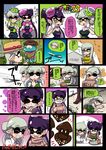  2girls aircraft airplane alternate_hairstyle aori_(splatoon) apron black_border black_dress border bowl casual chocolate cocoa_bean comic commentary_request computer detached_collar domino_mask dress earrings eighth_note eyebrows eyebrows_visible_through_hair fangs gloves green_apron grin hat heart highres hotaru_(splatoon) jellyfish_(splatoon) jewelry laptop mask mole mole_under_eye multiple_girls musical_note pantyhose pink_shirt pointy_ears purple_hair shirt silver_hair smile spitting splatoon_(series) splatoon_1 spoken_musical_note strapless strapless_dress straw_hat surgical_mask sweater tentacle_hair towel translation_request tree turban usa_(dai9c_carnival) white_gloves white_shirt yellow_eyes 
