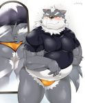  2019 anthro black_nose blush bulge butt canid canine canis clothing fur grey_fur humanoid_hands male mammal navel nikiciy orange_eyes overweight overweight_male shirt simple_background solo wolf 