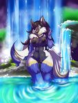  2016 anthro azora black_fur black_hair black_nipples black_nose black_pussy blue_eyes blue_fair blue_fur breasts canine female fur hair hi_res inuki jewelry long_hair looking_at_viewer mammal multi_tail multicolored_fur necklace nipples nude pussy solo water waterfall white_fur wolfsun&eacute; yellow_fur 