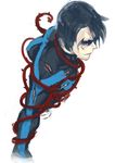  batman_(series) black_hair blue_eyes broken_mask dc_comics dick_grayson male_focus mask nightwing simple_background solo sylph torn_clothes white_background 