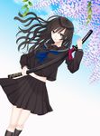  asaki_benio black_eyes black_hair black_legwear black_shirt black_skirt flower holding holding_sword holding_weapon katana long_hair looking_at_viewer midriff pleated_skirt school_uniform serafuku shirt skirt socks solo sword touran-sai umehara_kirio weapon wisteria 