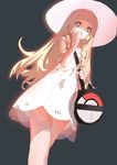  bag blonde_hair braid dress green_eyes grey_background hat highres hime_cut kinven lillie_(pokemon) long_hair looking_at_viewer open_mouth pokemon pokemon_(game) pokemon_sm simple_background sleeveless sleeveless_dress solo sun_hat twin_braids white_dress 