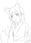  :3 animal_ears bangs blunt_bangs eyebrows eyebrows_visible_through_hair finger_to_cheek fox_ears fox_tail greyscale hand_up highres index_finger_raised japanese_clothes kimono long_hair looking_at_viewer monochrome niwatazumi original sketch slit_pupils smile solo tail wide_sleeves 