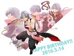  2016 alternate_costume closed_eyes collarbone dated flower grin happy_birthday highres idolmaster idolmaster_side-m kizaki_ren kurioka long_hair male_focus multiple_boys multiple_persona open_clothes open_vest pinky_out pointing pointing_at_viewer ponytail red_flower red_rose rose sarashi sash silver_hair smile staff toned toned_male uniform vest whistle yellow_eyes 