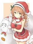  azuhira bare_shoulders breasts corset dress fur_trim glasses gloves hat highres holly kantai_collection large_breasts light_brown_hair littorio_(kantai_collection) looking_at_viewer pince-nez ponytail red_dress roma_(kantai_collection) santa_costume santa_hat scarf smile snowman sparkle striped striped_scarf the_roma-like_snowman wavy_hair white_gloves 