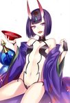  :d alcohol breasts commentary_request cup fangs fate/grand_order fate_(series) fuyuki_(neigedhiver) highres horns navel oni oni_horns open_mouth purple_eyes purple_hair sakazuki sake short_hair shuten_douji_(fate/grand_order) simple_background small_breasts smile solo white_background 