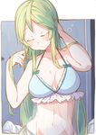  adjusting_hair athena_(luck_&amp;_logic) bed_sheet bikini closed_eyes frilled_bikini frills green_hair highres long_hair luck_&amp;_logic see-through side-tie_bikini solo swimsuit tokuno_yuika upper_body 