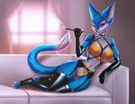  2016 anthro blue_eyes blue_fur bra breasts clothing curtains feline female fur gloves harness legwear lingerie looking_at_viewer lying mammal on_side reclining riding_crop sif sofa solo stockings syria thong underwear whip wide_hips 