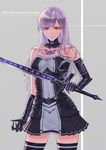  bangs black_gloves black_legwear blunt_bangs detached_collar dress elbow_gloves gauntlets gloves highres holding holding_sword holding_weapon long_hair looking_at_viewer original purple_hair red-d red_eyes runes sleeveless sleeveless_dress solo sword tattoo thighhighs weapon 