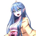  animal_print aqua_eyes blue_hair blush bow breasts drill eyebrows eyebrows_visible_through_hair fangs hair_between_eyes hakama_skirt horn jacket japanese_clothes kimono long_hair looking_at_viewer medium_breasts miata_(miata8674) momotarou_densetsu open_clothes open_jacket pink_bow pink_skin pointy_ears red_skirt simple_background skirt solo teeth tiger_print upper_body very_long_hair white_background yasha yellow_jacket 