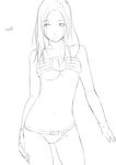  bangs belt chest_belt greyscale hand_on_hip highres looking_at_viewer monochrome niwatazumi o-ring o-ring_top original panties parted_bangs short_hair sketch smile solo underwear 