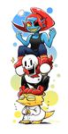  2girls alphys buck_teeth cape clenched_hands closed_labcoat eyepatch flying_sweatdrops glasses grin head_fins human_tower labcoat multiple_girls papyrus_(undertale) ponytail rebecca_(keinelove) red_cape red_footwear red_hair shoes skeleton smile stacking tank_top undertale undyne yellow_sclera 