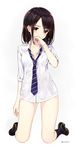  aihama_chika amagai_tarou black_hair blush breasts cleavage commentary covering_mouth highres kneeling looking_at_viewer necktie no_pants original school_uniform see-through shirt simple_background small_breasts solo wet wet_clothes wet_shirt 