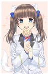  animal_ears blue_eyes brave_witches brown_hair candy food georgette_lemare hair_ribbon holding lollipop long_hair looking_at_viewer military military_uniform open_mouth ribbon simple_background solo sparkle tail totonii_(totogoya) twintails uniform world_witches_series 