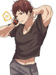  absurdres admiral_(kantai_collection) armpit_peek arms_up baffu brown_hair brown_shirt cellphone collarbone cowboy_shot grey_pants hand_behind_head head_tilt heart highres holding holding_phone kantai_collection kongou_(kantai_collection) male_focus navel pants parted_lips phone red_eyes scratching_head shirt simple_background sketch smartphone solo speech_bubble spoken_heart standing sweatdrop t-shirt talking_on_phone toned toned_male white_background 