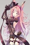  :d animal_ears armpits bangs belt belt_pouch black_gloves blush breasts cape cat_ears catherine_(granblue_fantasy) cowboy_shot cross-laced_clothes erune eyebrows eyebrows_visible_through_hair garter_straps gloves gradient gradient_background granblue_fantasy grey_background gun hair_between_eyes hairband hama_chon hands_up hat highres holding holding_gun holding_weapon leotard light_particles long_hair looking_at_viewer medium_breasts mini_hat mini_top_hat open_mouth pink_eyes pink_hair pouch red_eyes sidelocks simple_background smile solo top_hat waist_cape weapon 