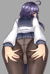  ass ass_grab bad_id bad_pixiv_id bangs black_legwear blue_skirt blush brown_eyes cowboy_shot deep_skin eyebrows eyebrows_visible_through_hair from_behind grabbing_own_ass grey_background hair_flaps hands_on_ass highres kantai_collection long_hair long_sleeves looking_at_viewer looking_back low_twintails miniskirt panties panties_under_pantyhose pantyhose pantyshot pleated_skirt profile purple_hair red_eyes school_uniform serafuku simple_background skirt solo spread_ass stitches taigei_(kantai_collection) terakoya twintails underwear 